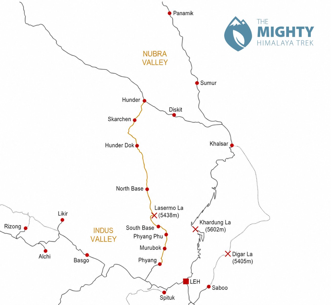 Nubra valley trek from Phyang to Hunder map