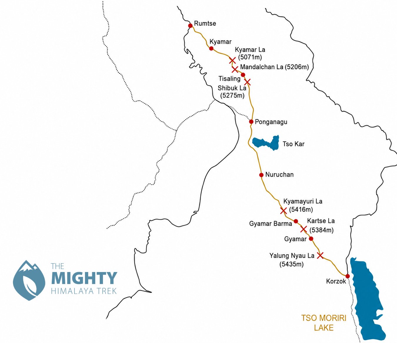 Rumtse to Tso Moriri trek (Rupshu) map